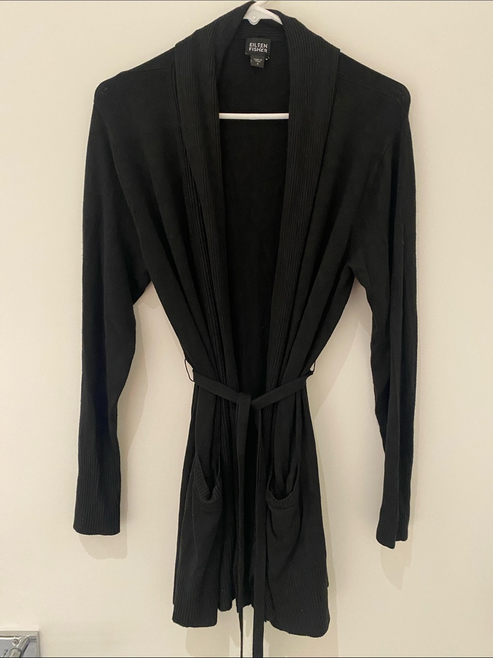 Eileen Fisher Shawl Neck Open Front Lightweight Belted Black Cardigan S